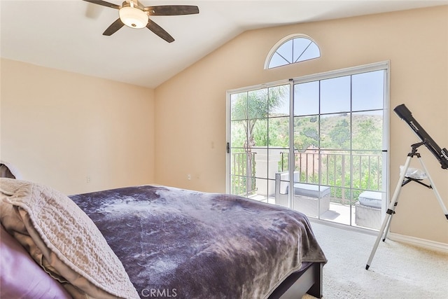 bedroom with access to exterior, carpet, ceiling fan, and vaulted ceiling