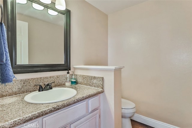 bathroom with vanity, wood-type flooring, and toilet