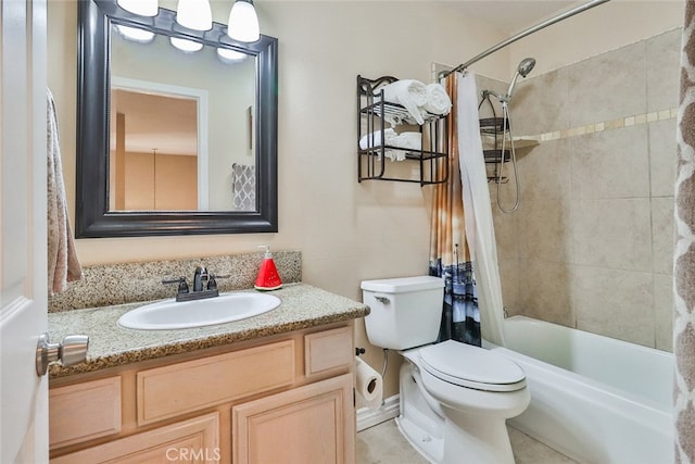 full bathroom with vanity, tile patterned flooring, toilet, and shower / bathtub combination with curtain