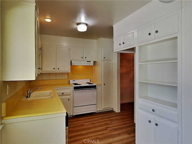 kitchen with hardwood / wood-style flooring, white electric range oven, tasteful backsplash, white cabinets, and sink