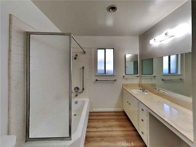 bathroom featuring vanity, wood-type flooring, and a shower