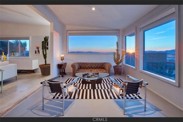 66028 Sonora Rd, Joshua Tree, CA 92252 - living area featuring lofted ceiling and concrete flooring