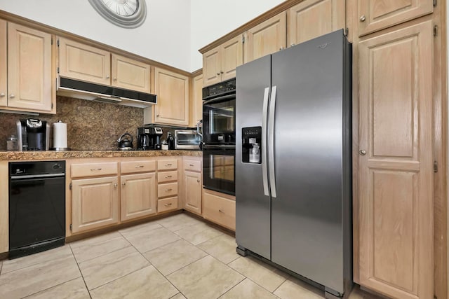 kitchen featuring light tile patterned flooring, backsplash, light brown cabinetry, stainless steel refrigerator with ice dispenser, and double oven