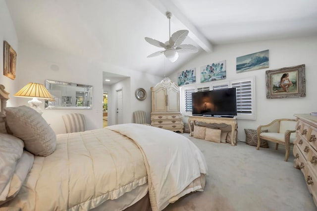 bedroom featuring ceiling fan, light carpet, multiple windows, and lofted ceiling with beams