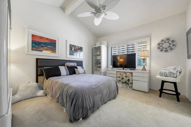 bedroom featuring ceiling fan, light carpet, and lofted ceiling with beams