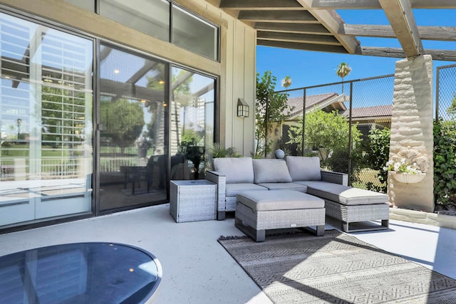 view of patio featuring a pergola and an outdoor living space