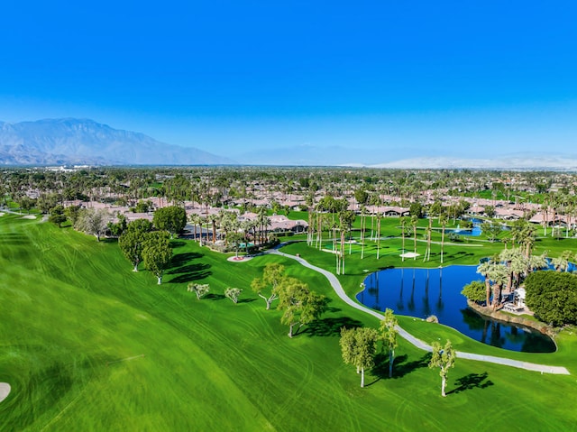 bird's eye view featuring a water and mountain view