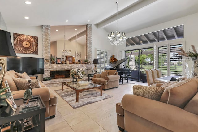 tiled living room with a fireplace, lofted ceiling with beams, and an inviting chandelier