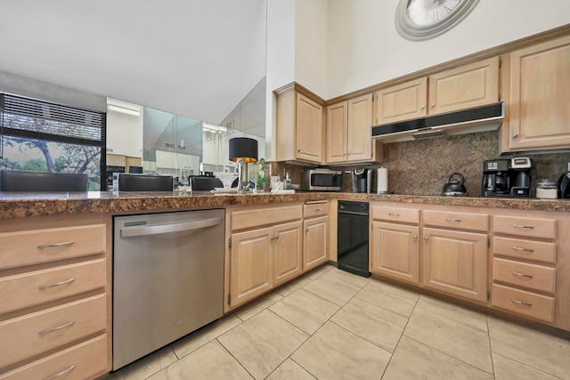 kitchen with light brown cabinetry, light tile patterned flooring, appliances with stainless steel finishes, and backsplash