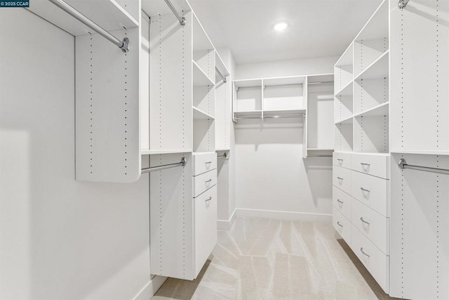 walk in closet with light carpet