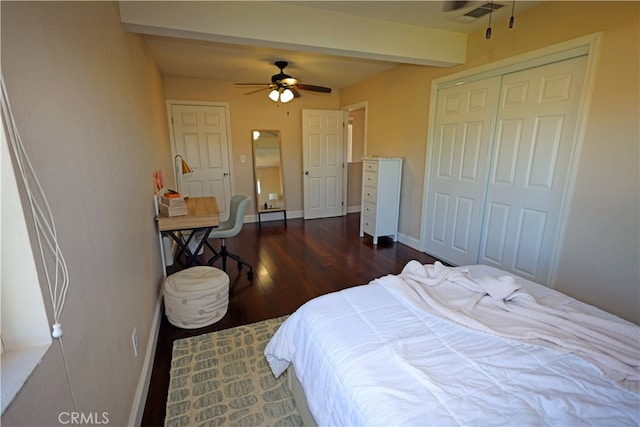 bedroom featuring beamed ceiling, a closet, ceiling fan, and dark hardwood / wood-style floors