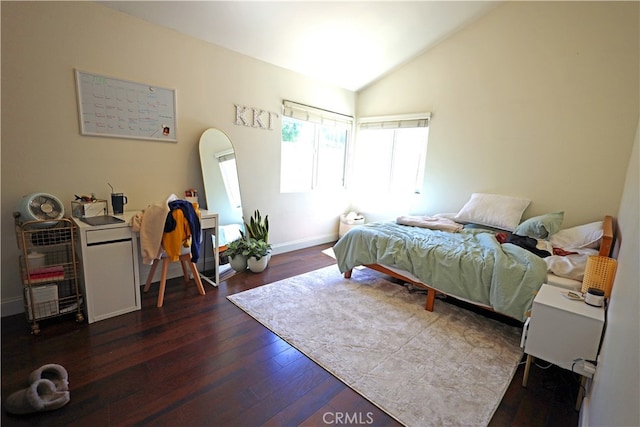 bedroom with dark hardwood / wood-style flooring and high vaulted ceiling