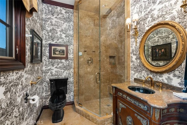 bathroom featuring tile patterned flooring, vanity, an enclosed shower, and ornamental molding