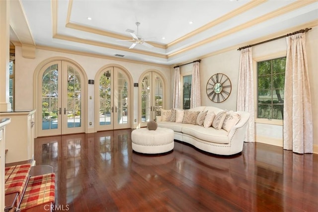 living room featuring a raised ceiling, a wealth of natural light, and french doors