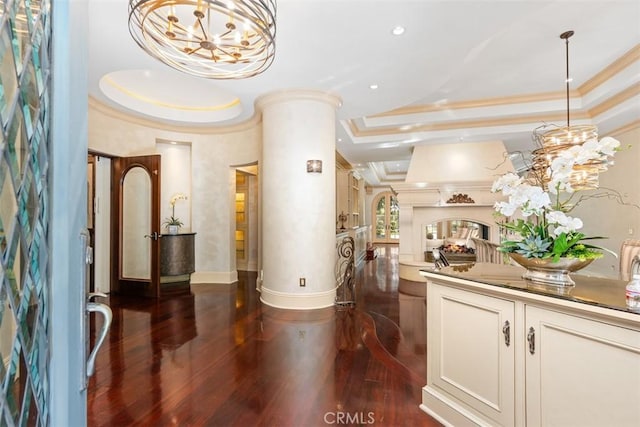 welcome area with a notable chandelier