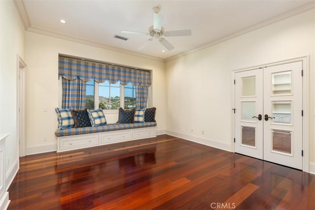 unfurnished room with french doors, dark hardwood / wood-style flooring, ceiling fan, and crown molding