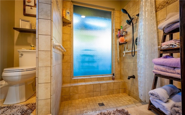 bathroom featuring a shower with curtain, toilet, and tile patterned floors