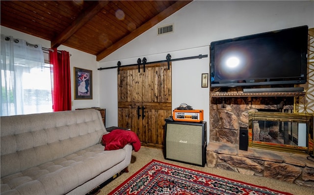 living room featuring high vaulted ceiling, a stone fireplace, wooden ceiling, carpet floors, and a barn door