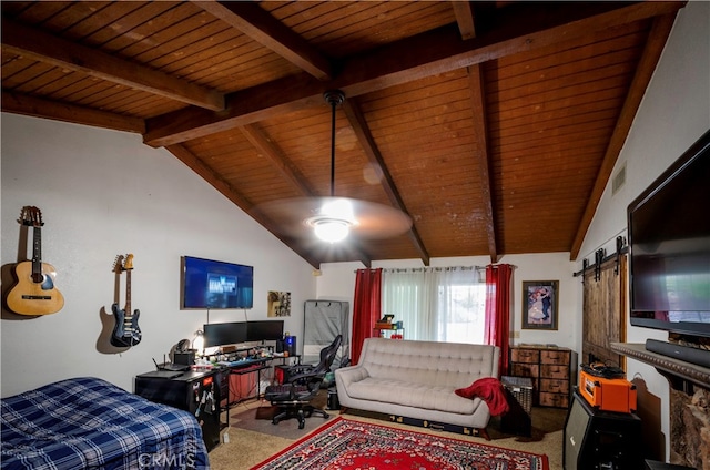 bedroom featuring a barn door, carpet floors, wood ceiling, and vaulted ceiling with beams