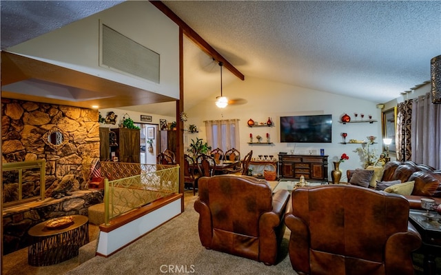 carpeted living room featuring ceiling fan, vaulted ceiling with beams, and a textured ceiling