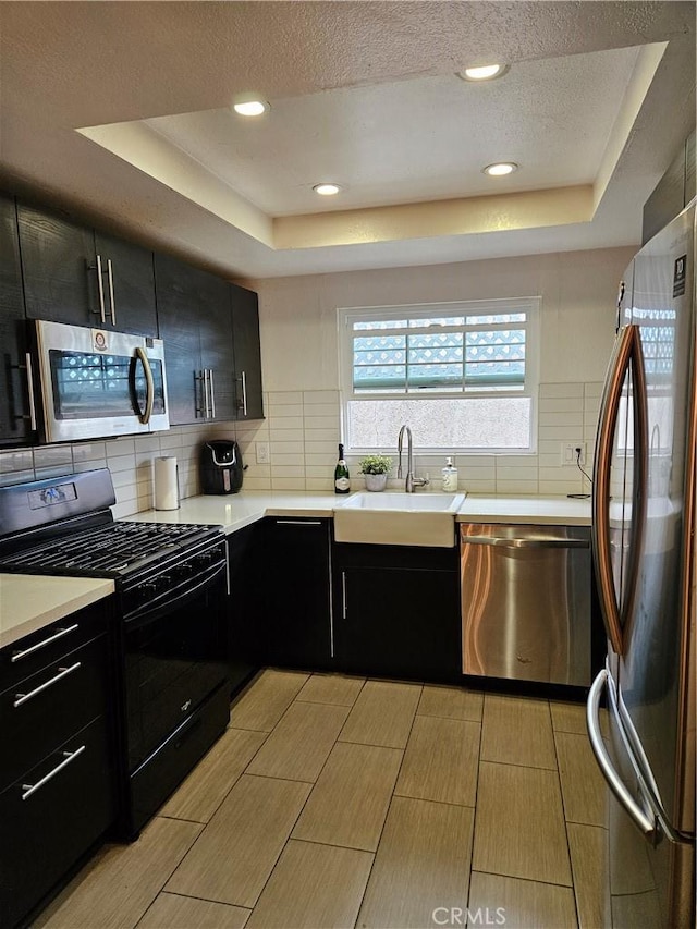 kitchen with a tray ceiling, backsplash, sink, and stainless steel appliances