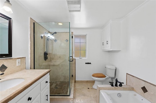 full bathroom featuring vanity, tile patterned flooring, toilet, ornamental molding, and independent shower and bath