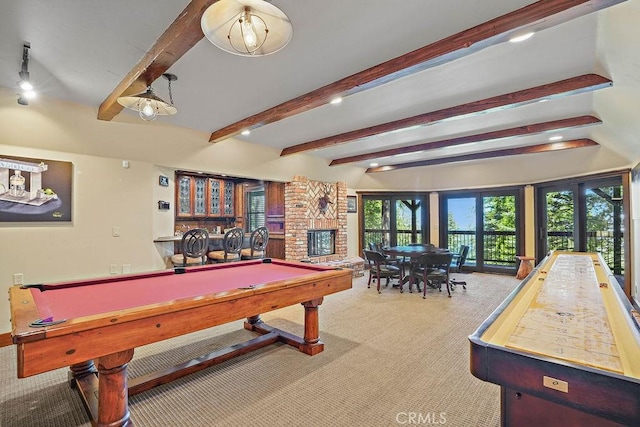 29130 Bald Eagle Rdg, Lake Arrowhead, CA 92352 - playroom with carpet flooring, french doors, beamed ceiling, and billiards