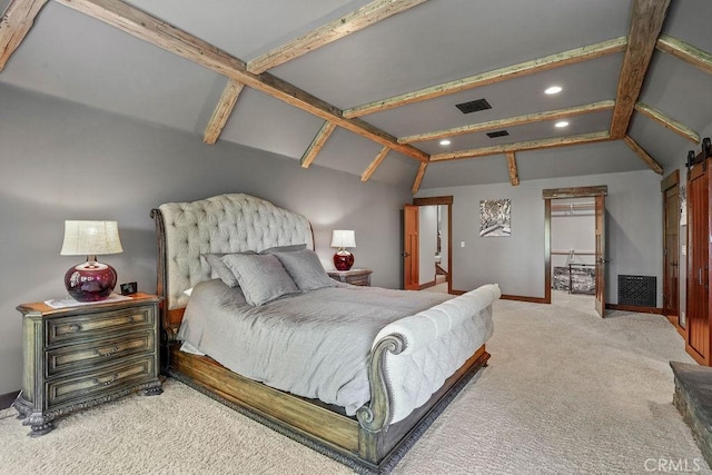 29130 Bald Eagle Rdg, Lake Arrowhead, CA 92352 - carpeted bedroom featuring a barn door and lofted ceiling with beams