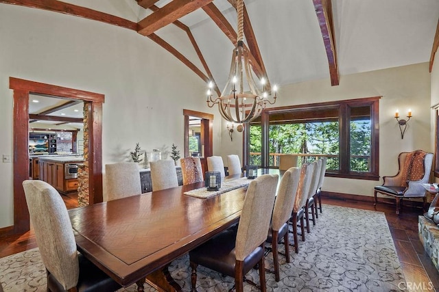 29130 Bald Eagle Rdg, Lake Arrowhead, CA 92352 - dining room with beamed ceiling, high vaulted ceiling, dark hardwood / wood-style floors, and an inviting chandelier