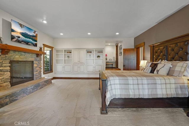 29130 Bald Eagle Rdg, Lake Arrowhead, CA 92352 - unfurnished bedroom featuring a fireplace and light colored carpet