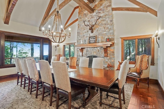 29130 Bald Eagle Rdg, Lake Arrowhead, CA 92352 - dining room featuring hardwood / wood-style floors, high vaulted ceiling, and a healthy amount of sunlight