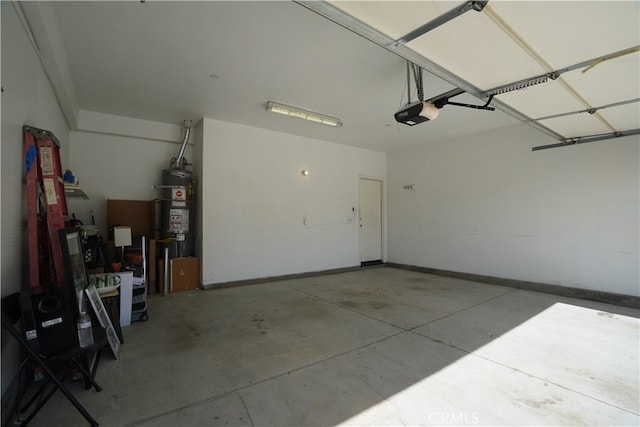 garage with a garage door opener, secured water heater, and baseboards