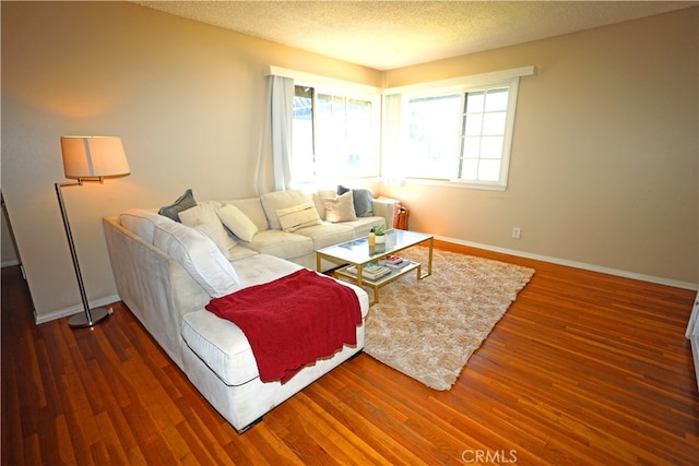 living room featuring a textured ceiling and dark hardwood / wood-style flooring