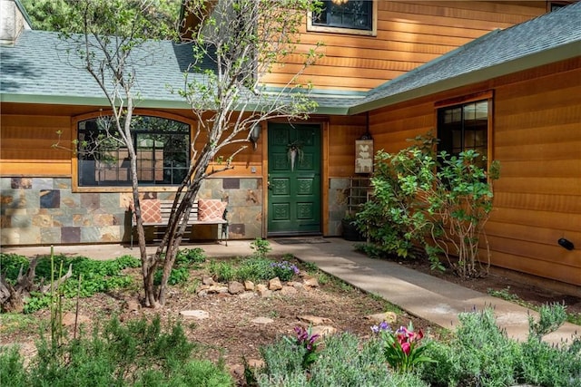 view of exterior entry featuring stone siding and a shingled roof