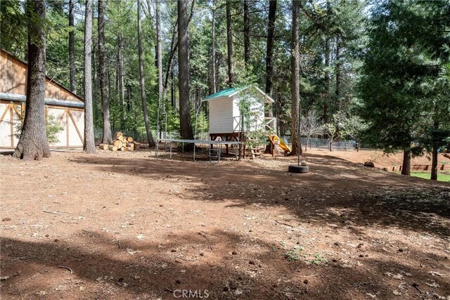 view of yard with a playground, a trampoline, and a storage shed