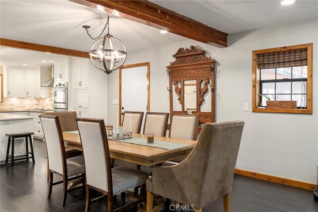 dining area with beamed ceiling, dark hardwood / wood-style floors, and an inviting chandelier