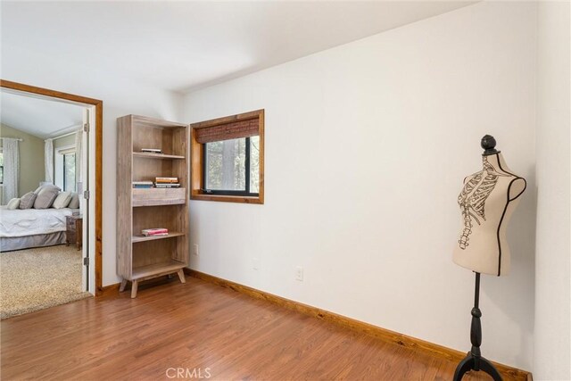 bedroom featuring hardwood / wood-style flooring and vaulted ceiling