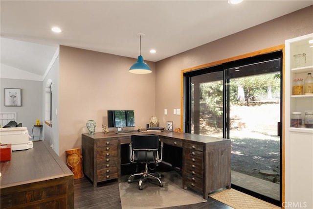 home office featuring lofted ceiling, recessed lighting, and dark wood-type flooring