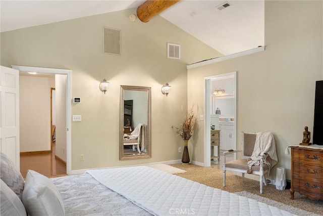 bedroom with high vaulted ceiling, visible vents, light carpet, and beam ceiling
