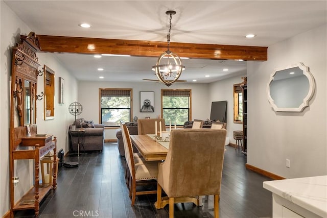 dining area with a notable chandelier, baseboards, beamed ceiling, and dark wood finished floors