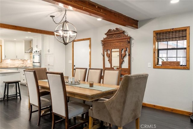 dining area featuring an inviting chandelier, beam ceiling, baseboards, and dark wood finished floors