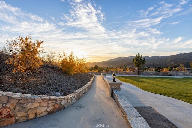 view of community featuring a mountain view and a yard