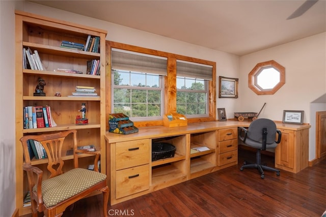 office area featuring built in desk and dark hardwood / wood-style floors