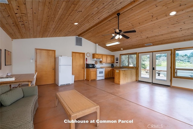 interior space with wooden ceiling, ceiling fan, plenty of natural light, and french doors