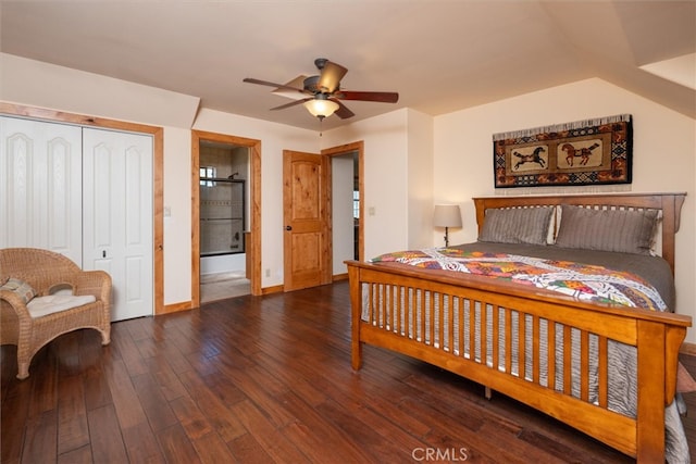 bedroom with dark hardwood / wood-style flooring, ceiling fan, and a closet