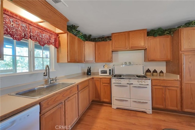 kitchen featuring white appliances, light hardwood / wood-style floors, and sink