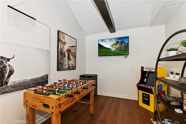 game room featuring wood ceiling, lofted ceiling with beams, and dark wood-type flooring