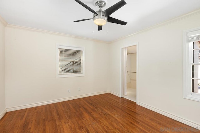 unfurnished room featuring ornamental molding, hardwood / wood-style floors, and ceiling fan