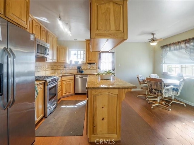 kitchen featuring a healthy amount of sunlight, ceiling fan, stainless steel appliances, and light wood-type flooring