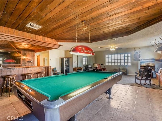 rec room featuring light tile patterned floors, ceiling fan, wood ceiling, and pool table